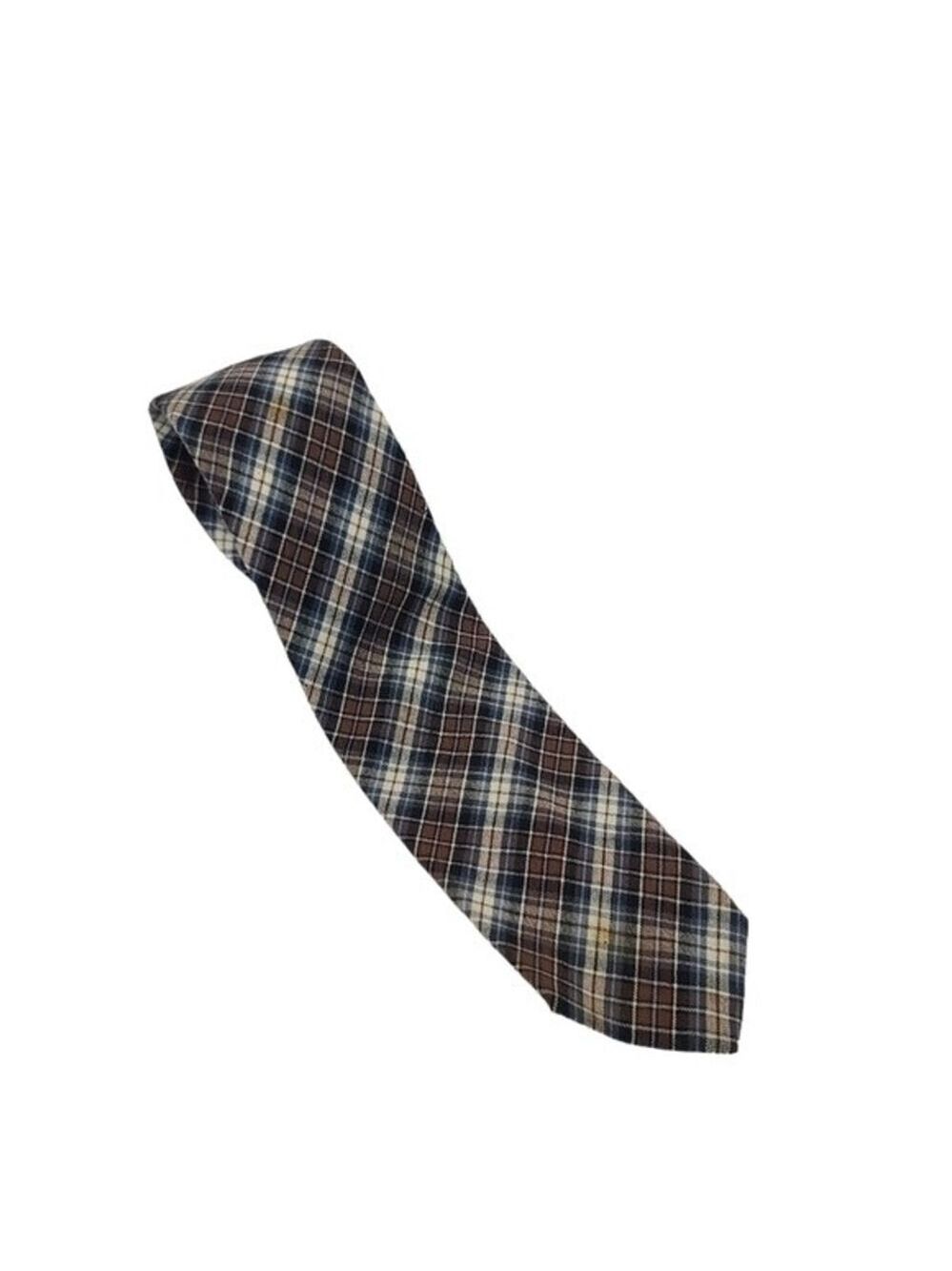 Pendleton Vintage Plaid 100% Virgin Wool Brown White Blue Tie
